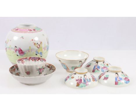 Chinese late 19th century cup and cover, 9cm and two further lids, a famille rose ginger jar and a tea bowl and saucer (7)   