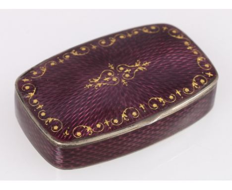 Norwegian silver and enamel snuff box, maker Marius Hammer, with gilt and purple enamel hinged cover, makers mark, "930S" mar