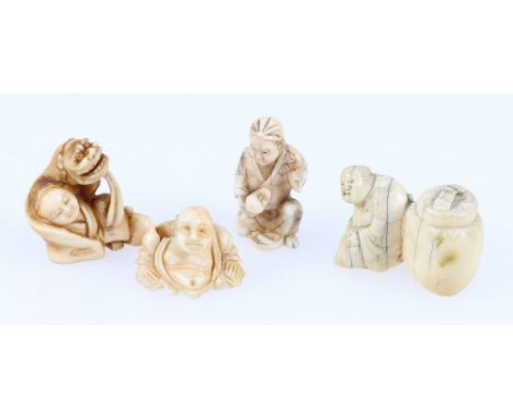 Four small Japanese netsuke and okimono including a figure by a large jar and a boy with a lion dog mask. (5)