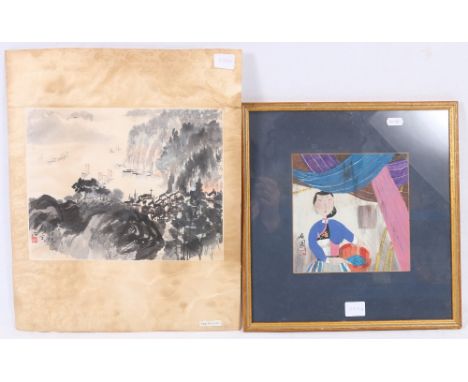 Small Chinese painting of a girl carrying a warthog 18cm x 18cm and a Chinese landscape, scroll mounted (2)   CONDITION REPOR