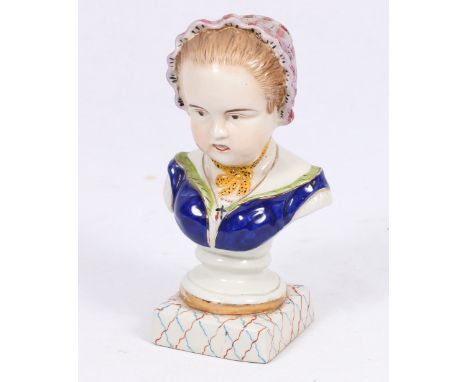 19th century German earthenware portrait bust, on a square base, 19cm.