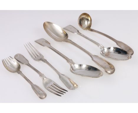 Assorted Victorian thread and fiddle pattern flatware to include three table spoons, a toddy ladle, two dessert forks and a p