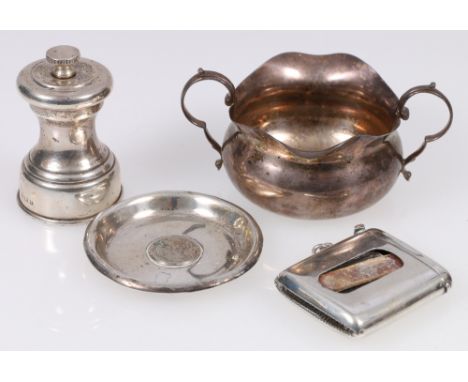 20th century silver double lipped cream jug, Chester hallmarks, a large silver vesta, a coin set silver ashtray, 186g and a s