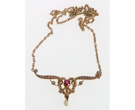 15ct yellow gold ruby and seed pearl necklace with dependant baroque pearl, 11.1g
