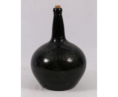 William IV brown glass marriage bottle, engraved 'Alex & Jessie Masson 1834', 29cm. CONDITION REPORT: Quite a lot of light sc