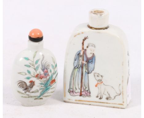 Late 19th century Chinese snuff bottle of flattened tapering form 8.5cm and a small snuff bottle decorated with cockerels in 