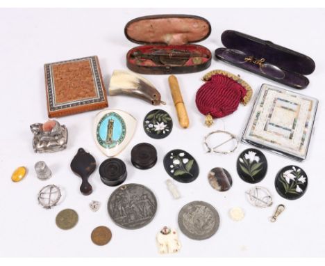 Two hardstone floral plaques, novelty cat pin cushion, Mauchline needle case, cased weighing scales, two commemorative pewter