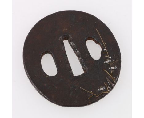 Japanese bronze tsuba of oval shape with delicate inlay in gold and silver depicting prunus blossom branches, 7cm x 6cm, Meij