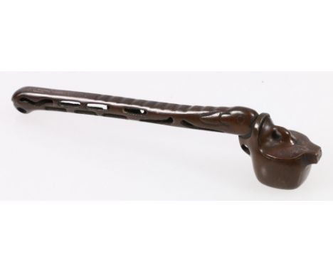 Japanese bronze inkwell in the form of a pipe with inlaid silver wire decoration, signed to the underside, 17cm.