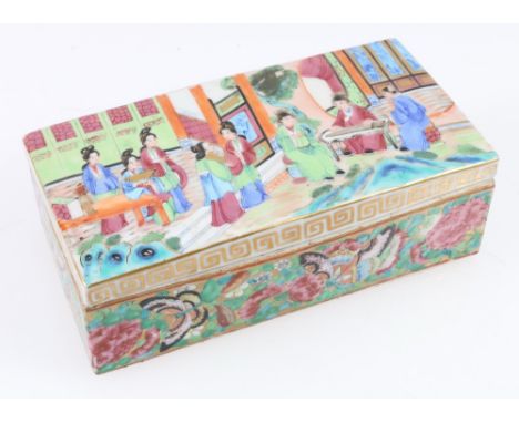 19th century Chinese Canton famille rose rectangular box and cover decorated with figures in a garden setting. 20cm x 10cm x 