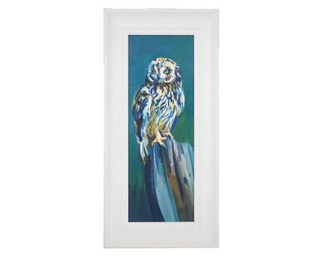 Elaine C Geall 'SHORT EARED OWL' - Elaine C Geall - alkyd on mdf panel - signed - 18" x 6.5" in a 22.5" x 11" frame (no glass