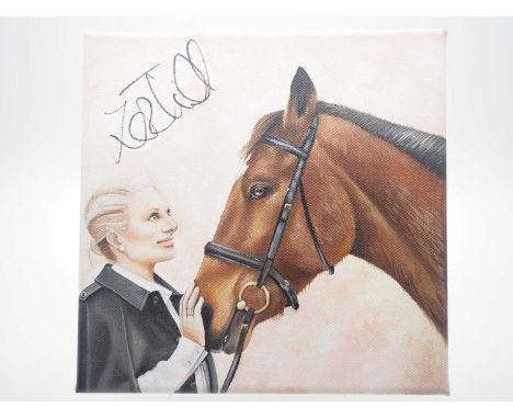 ZARA TINDALL signed canvas with artwork added by Cat Randall - a stunning likeness of Zara with her horse Toy Town  - 8" x 8"