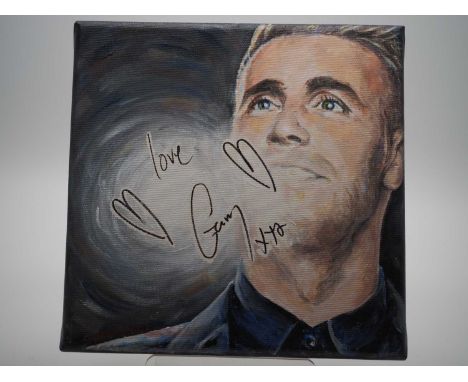 GARY BARLOW signed canvas with artwork added by Elizabeth Sporne - A beautiful portrait of Take That Member Gary Barlow - 8" 