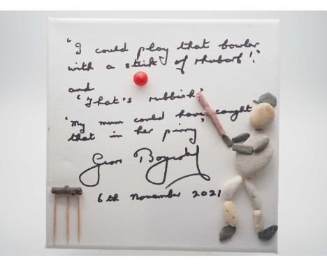 Sir Geoffrey Boycott signed canvas with artwork added by Deborah Twigg - A local artist used stones to create a unique 3-d ef