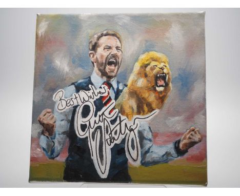 Gareth Southgate OBE signed canvas with artwork added by Dhanraz Ramdharry - Could this be a legend in the making, by the tim