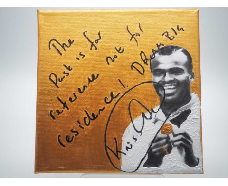 Kriss Akabusi MBE signed canvas with artwork added by Hillary Hoskin titled 'Going for Gold' - 8" x 8" - PROVENANCE: Signatur