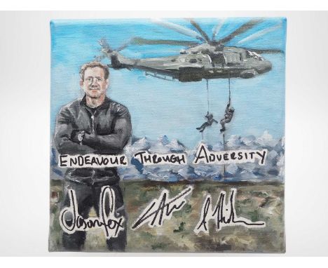 Jason Fox/Louis Tinsley/Anthony 'Staz' Stazicker - Who Dares Wins signed canvas with artwork added by Dhanraz Ramdharry - SAS