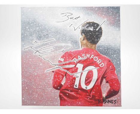 Marcus Rashford MBE signed canvas with artwork added by Ross Baines - An iconic image of Marcus Rashford playing for Manchest