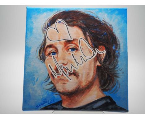 MARK OWEN signed canvas with artwork added by Elizabeth Sporne - A beautiful portrait of Take That Member Mark Owen - 8" x 8"