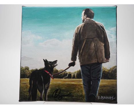 Ricky Gervais signed canvas with artwork added by Ross Baines - An iconic image of the end scene of popular TV show Afterlife
