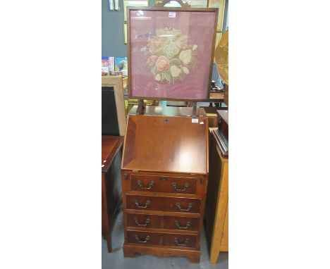 Narrow reproduction yew fall front bureau in Georgian style with three cock beaded graduated drawers. 50cm wide approx. Toget
