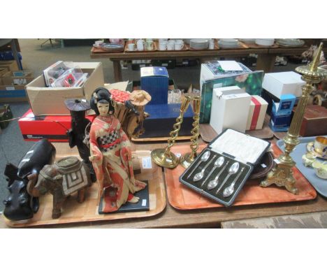 Two trays of assorted items to include a pair of brass barley twist candle sticks, Pricket candlestick, cased set of six silv