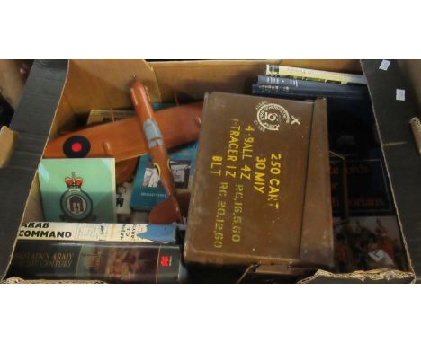 Box of military interest books and ephemera to include wooden plane, Tracer bullets tin ammunition box, etc.(B.P. 21% + VAT) 