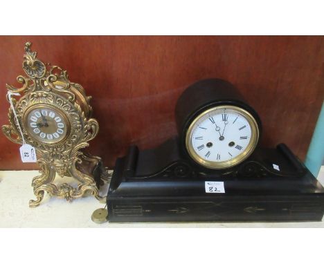 Victorian slate two train drum head mantel clock with white enamel face and Roman numerals, together with a modern brass Roco