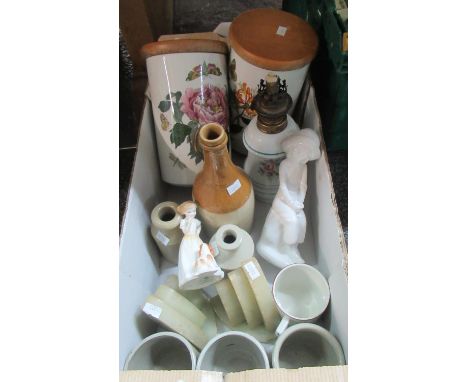 Tray of assorted china to include stoneware bottles, pair of Portmeirion botanic garden cannisters, art deco alabaster books 