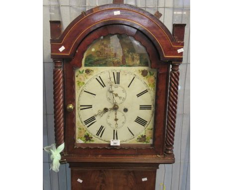 19th Century Welsh mahogany two train longcase clock, the face illegibly marked, having arch painted dial with Roman numerals