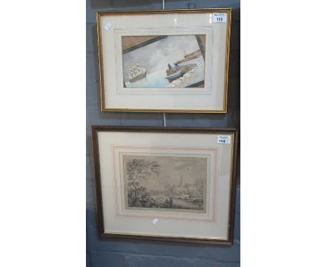 Early 20th Century watercolour seascape with fishermen, together with a black and white coloured etching of figures by a rive