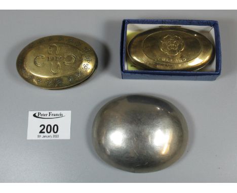 Brass miner's snuff box, dated 1912, together with another silver plated snuff box marked J. Edwards and a modern snuff or tw