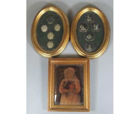 Framed set of five Italian Grand Tour relief portrait classical busts, together with a framed set of five Italian Grant Tour 