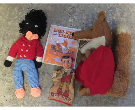 A vintage Basil Brush toy & Basil Brush book. Together with a vintage Pinocchio Hand Puppet. The book is a pbk reprint 1975 -