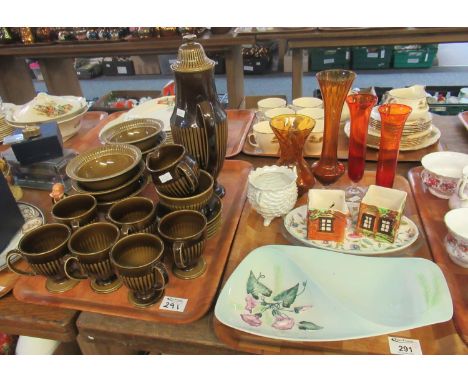 Twenty one piece Carltonware brown ground fluted pottery coffee set with bowls, together with a tray of assorted china and gl