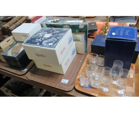 Three trays of assorted glass and other items to include Webb Corbett crystal centenary of the birth of Winston S Churchill, 