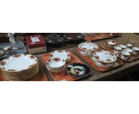 Four trays of Royal Albert Old Country Roses tea and dinner ware items, together with a Bavarian porcelain portrait plate, to