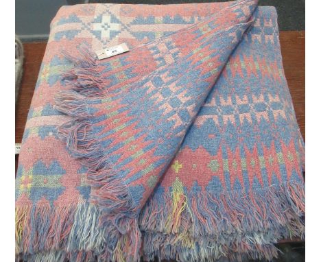 Pink ground vintage Welsh tapestry woollen fringed edge blanket. (B.P. 21% + VAT)Bit faded but no obvious damage/holes or sta