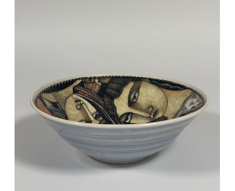 •Ian McWhinnie (Scottish, b. 1952), a large ceramic bowl, untitled, painted to the well with figures, signed to the base. Dia