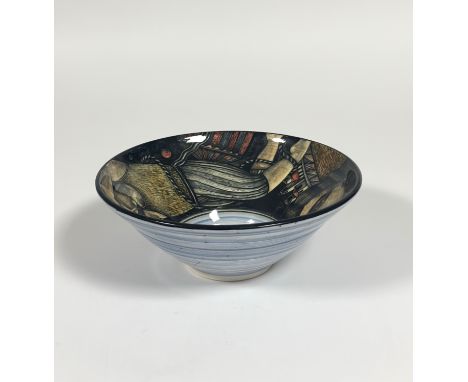 •Ian McWhinnie (Scottish, b. 1952), a ceramic bowl, untitled, painted to the well with figures, signed to the base. Diameter 