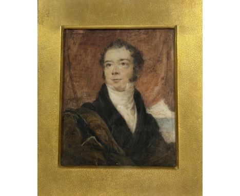 Continental School, c. 1820, Portrait Miniature of a Gentleman, half length, seated before a red drapery swag, unsigned, wate