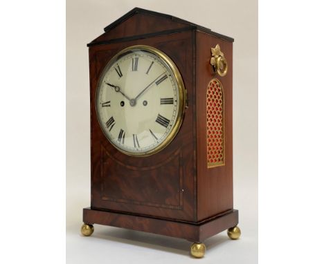 A large architectural bracket clock, 2nd quarter of the 19th century, the case with arched pediment and eboinsed string inlay
