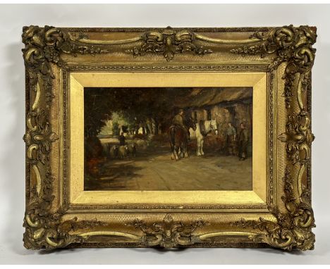 Tomson Laing (Scottish, fl. 1890-1904), Cart Horses and Sheep on a Country Road, signed lower left, oil on panel, in an elabo