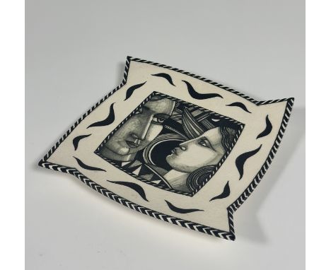 •Ian McWhinnie (Scottish, b. 1952), a shaped square ceramic dish, untitled, painted to the well with two female heads signed 