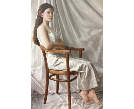 •John Afflick (British, b 1967), Portrait of Sarah, signed lower right and dated 2002, oil on canvas, framed. 128cm by 88cm. 