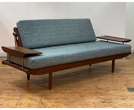 R.W.Toothill, a 1960s mid century afromosia teak and rose gilt brass Wentworth metamorphic sofa / daybed, with blue wool upho