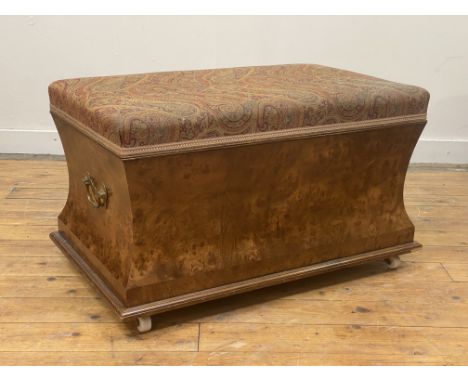 A quality burr wood veneered Ottoman footstool in the Victorian style, the upholstered and hinged top covered in red and gilt