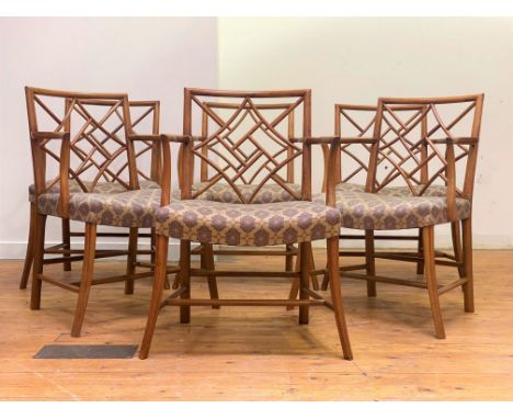Whytock and Reid, A set of six walnut framed Cockpen chairs, circa 1920's, with a characteristic lattice back over swept open