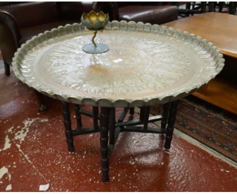 Iranian copper table see verso together with a gilt and enamel bon bon dish 