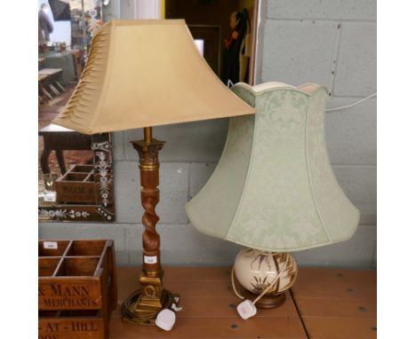 Barley-twist lamp with silk shade together with an Oriental ceramic lamp 